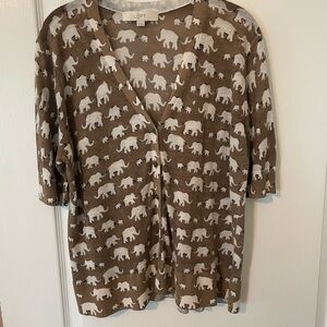 LOFT Brown and Cream Elephant Print Cardigan